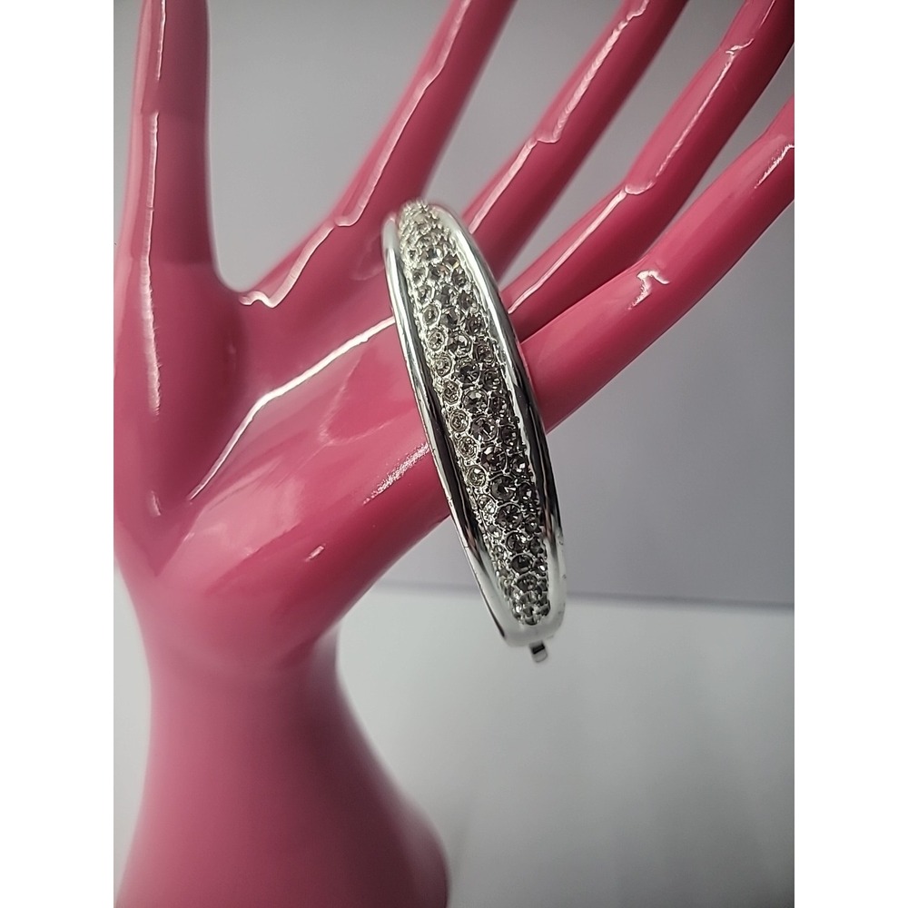 Vintage Bracelet Silver Tone Hinged Crystals White Slide Clasp Jewelry Costume